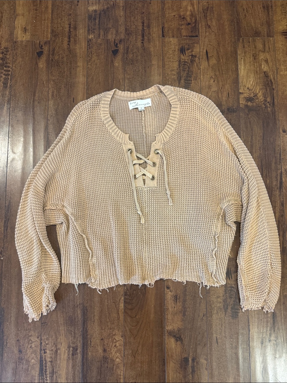 Vintage Havana tan Lace-Up Waffle Knit Scoop Sweater